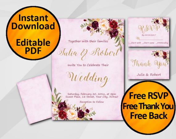 Instant Download Wedding Fuchsia Invitation set