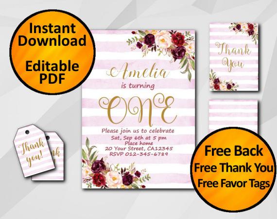 Instant Download Watercolor 1st Birthday Fuchsia Stripe Invitation set