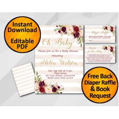 Oh Baby Watercolor Baby Shower Peach Stripe Invitation set