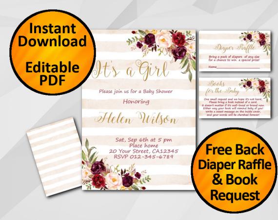 Instant Download Its a Girl Watercolor Baby Shower Peach Stripe Invitation set