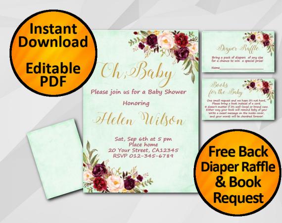 Instant Download Oh Baby Watercolor Baby Shower Turquoise Invitation set