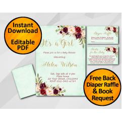 Its a Girl Watercolor Baby Shower Turquoise Invitation set