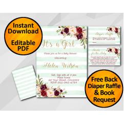 Its a Girl Watercolor Baby Shower Turquoise Stripe Invitation set