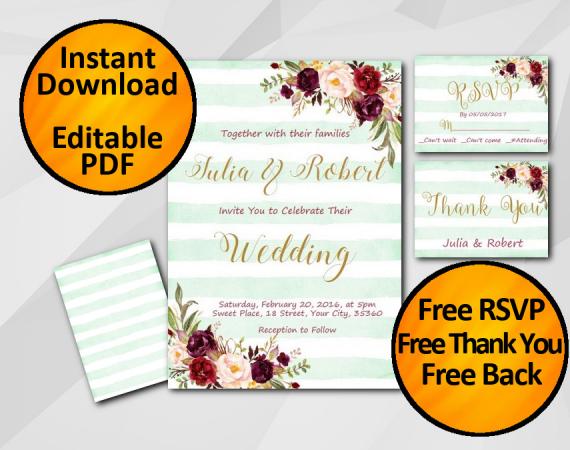 Instant Download Wedding Turquoise Stripe Invitation set