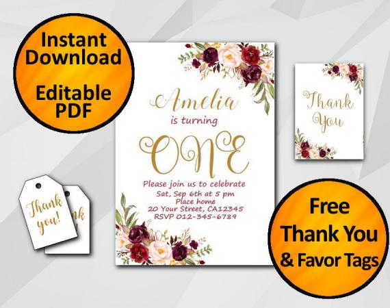 Instant Download Watercolor 1st Birthday Invitation set
