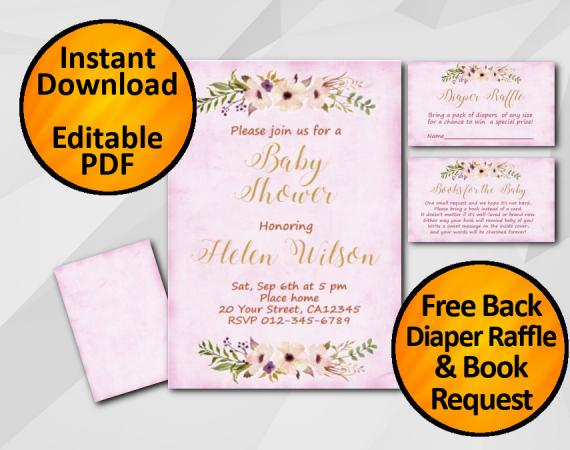 Instant Download Watercolor Baby Shower Fuchsia Invitation set