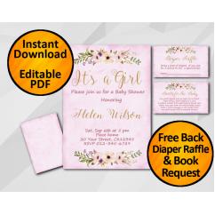 Its a Girl Watercolor Baby Shower Fuchsia Invitation set