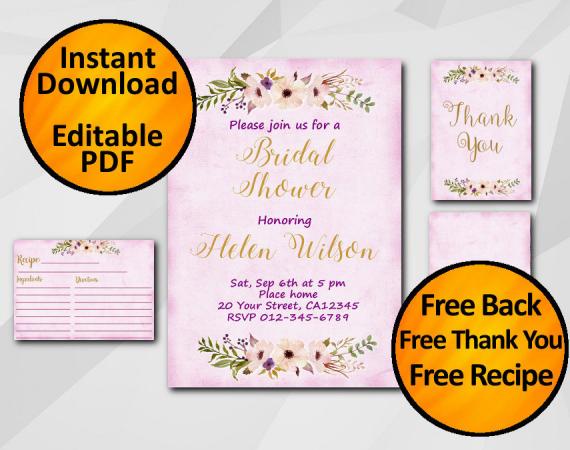Instant Download Watercolor Bridal Shower Fuchsia Invitation set