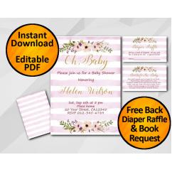 Oh Baby Watercolor Baby Shower Fuchsia Stripe Invitation set
