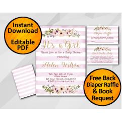 Its a Girl Watercolor Baby Shower Fuchsia Stripe Invitation set