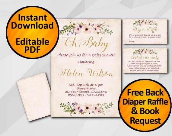 Instant Download Oh Baby Watercolor Baby Shower Peach Invitation set