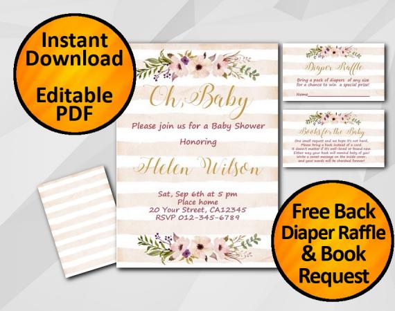Instant Download Oh Baby Watercolor Baby Shower Peach Stripe Invitation set
