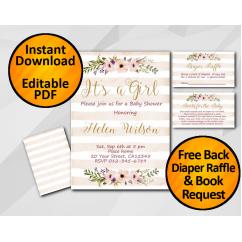 Its a Girl Watercolor Baby Shower Peach Stripe Invitation set