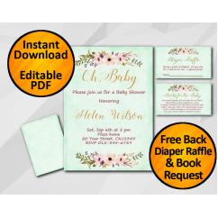 Oh Baby Watercolor Baby Shower Turquoise Invitation set
