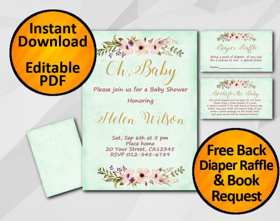 Instant Download Oh Baby Watercolor Baby Shower Turquoise Invitation set