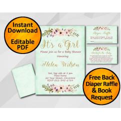 Its a Girl Watercolor Baby Shower Turquoise Invitation set