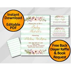 Watercolor Baby Shower Turquoise Stripe Invitation set