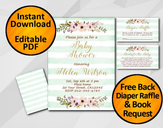 Instant Download Watercolor Baby Shower Turquoise Stripe Invitation set