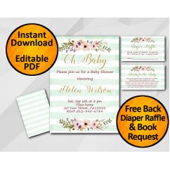 Oh Baby Watercolor Baby Shower Turquoise Stripe Invitation set
