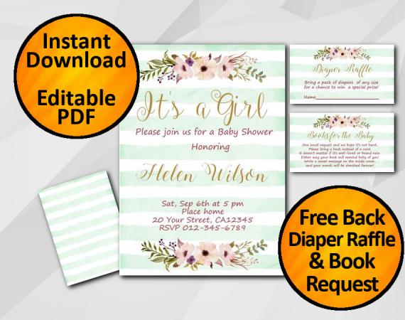 Instant Download Its a Girl Watercolor Baby Shower Turquoise Stripe Invitation set