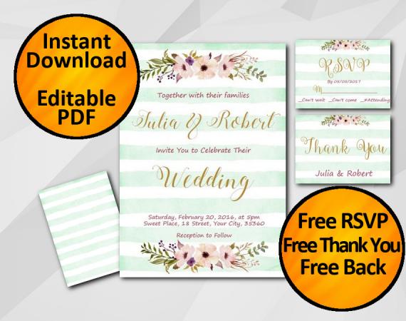 Instant Download Wedding Turquoise Stripe Invitation set