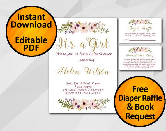 Instant Download Its a Girl Watercolor Baby Shower Invitation set