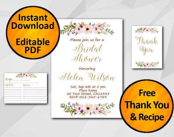 Instant Download Watercolor Bridal Shower Invitation set