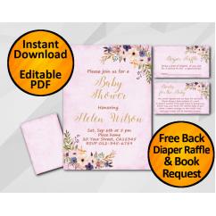 Watercolor Baby Shower Fuchsia Invitation set