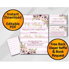 Oh Baby Watercolor Baby Shower Fuchsia Stripe Invitation set