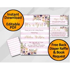 Its a Girl Watercolor Baby Shower Fuchsia Stripe Invitation set