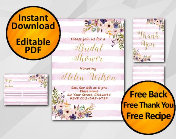 Instant Download Watercolor Bridal Shower Fuchsia Stripe Invitation set