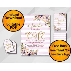 Watercolor 1st Birthday Fuchsia Stripe Invitation set