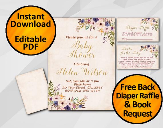 Instant Download Watercolor Baby Shower Peach Invitation set