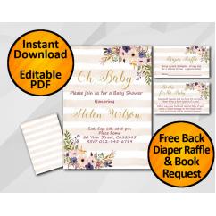 Oh Baby Watercolor Baby Shower Peach Stripe Invitation set