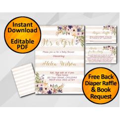 Its a Girl Watercolor Baby Shower Peach Stripe Invitation set