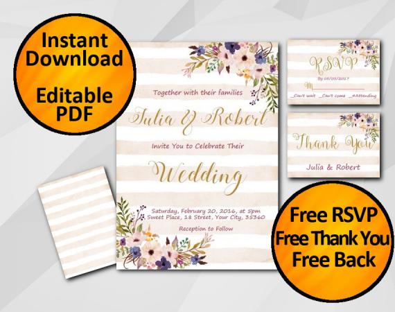 Instant Download Wedding Peach Stripe Invitation set