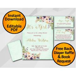 Its a Girl Watercolor Baby Shower Turquoise Invitation set