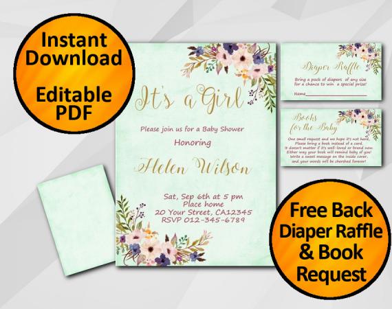Instant Download Its a Girl Watercolor Baby Shower Turquoise Invitation set