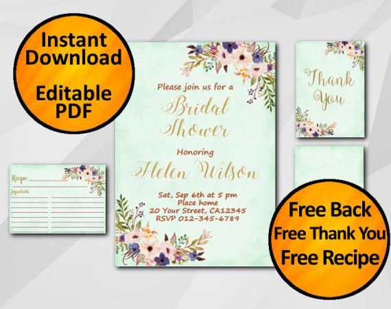 Instant Download Watercolor Bridal Shower Turquoise Invitation set