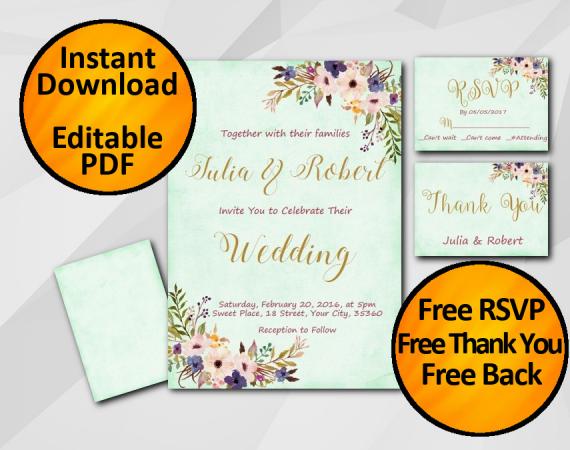 Instant Download Wedding Turquoise Invitation set
