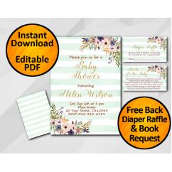 Watercolor Baby Shower Turquoise Stripe Invitation set Watercolor Baby Shower Turquoise Stripe Invitation set