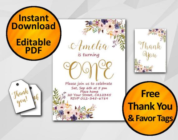 Instant Download Watercolor 1st Birthday Invitation set