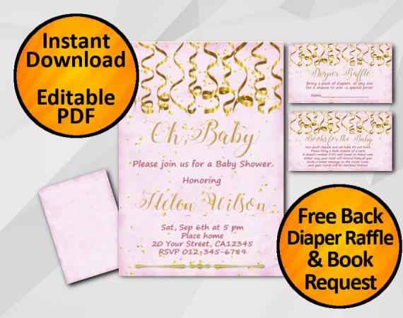 Instant Download Gold Confetti Oh Baby Baby Shower Fuchsia Invitation set