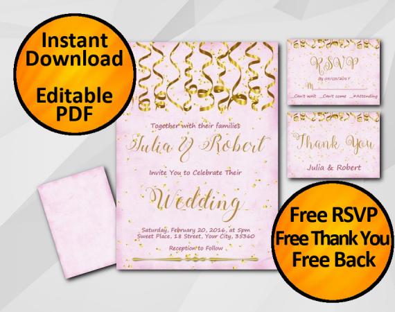 Instant Download Gold Confetti Wedding Fuchsia Invitation set
