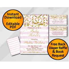 Gold Confetti Baby Shower Fuchsia Stripe Invitation set