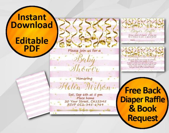 Instant Download Gold Confetti Baby Shower Fuchsia Stripe Invitation set
