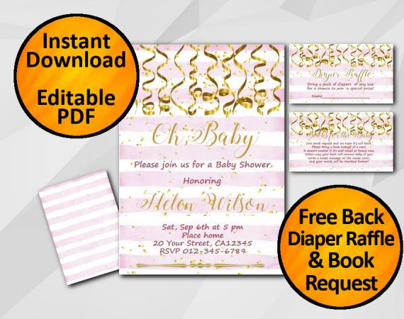 Instant Download Gold Confetti Oh Baby Baby Shower Fuchsia Stripe Invitation set