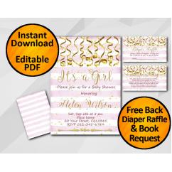 Gold Confetti Its a Girl Baby Shower Fuchsia Stripe Invitation set