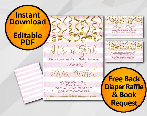 Instant Download Gold Confetti Its a Girl Baby Shower Fuchsia Stripe Invitation set