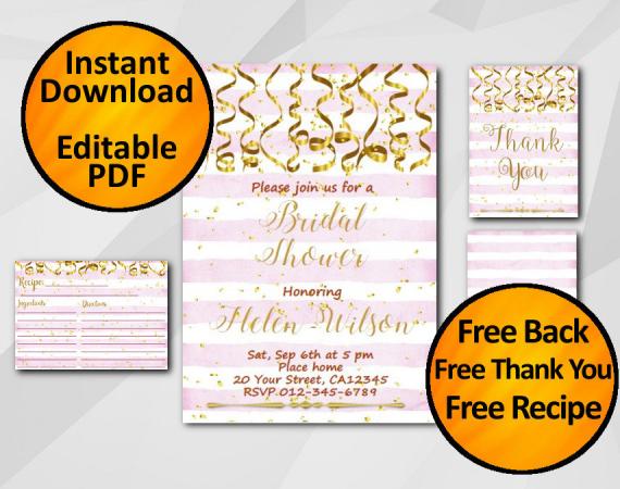Instant Download Gold Confetti Bridal Shower Fuchsia Stripe Invitation set